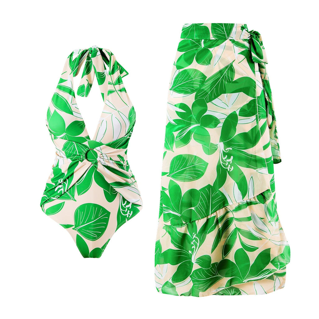 One Piece Swimsuit Women Slimming Retro Swimsuit Green Printing Suit Chiffon Dress Bella Mia