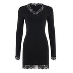 Sexy Lace Stitching V neck Long Sleeve Dress Women Elegant Slim Bottoming Solid Color Dress Bella Mia