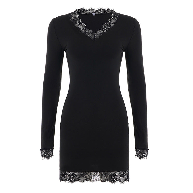 Sexy Lace Stitching V neck Long Sleeve Dress Women Elegant Slim Bottoming Solid Color Dress Bella Mia