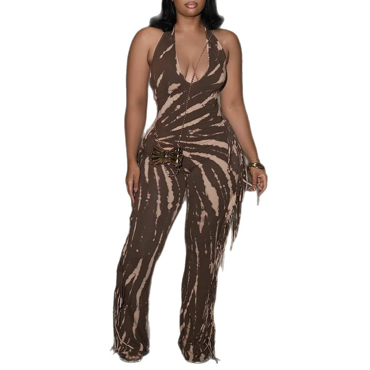 Elegant Sexy Slim Fit Stretch Backless Tassel Printed Halter Strap Micro Pull Jumpsuit Bella Mia