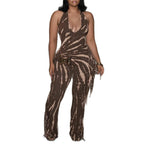Elegant Sexy Slim Fit Stretch Backless Tassel Printed Halter Strap Micro Pull Jumpsuit Bella Mia