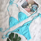 Bikini Sexy Metal Accessories Rhinestone Women Split Swimsuit Plain Bandage Swimsuit Bella Mia