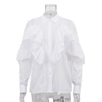 French Design Ruffled White Shirt Women Autumn Polo Collar Long Sleeve Office All Match Top Bella Mia