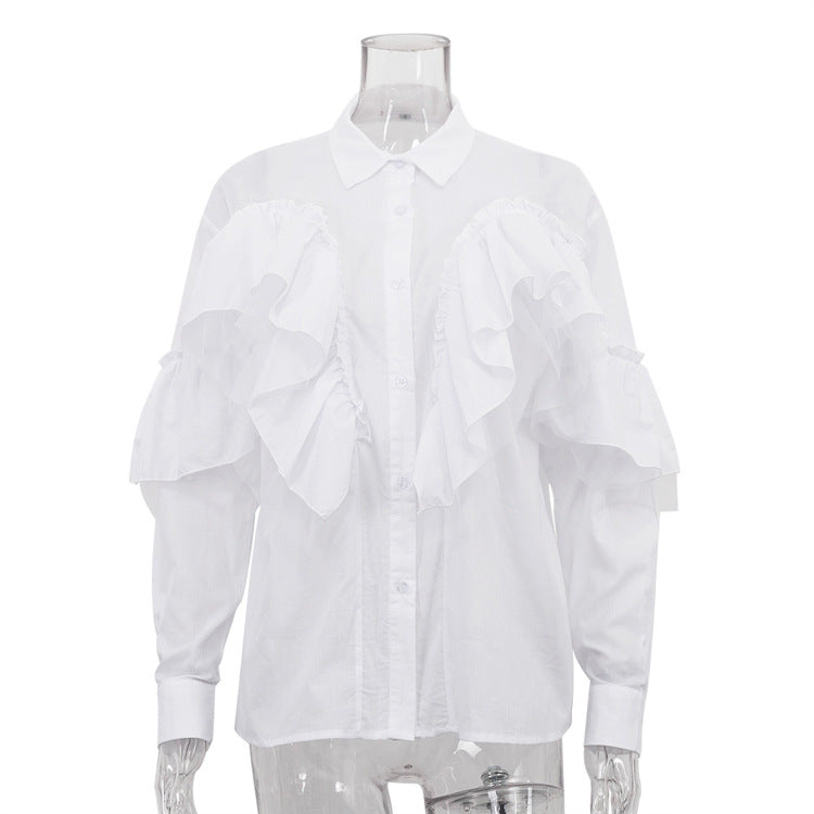 French Design Ruffled White Shirt Women Autumn Polo Collar Long Sleeve Office All Match Top Bella Mia