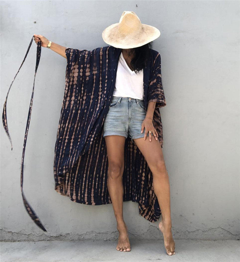 Rayon Printed Beach Cover-up Sexy Cardigan Belt Sun Protection Shirt Beach Cover Up Bella Mia
