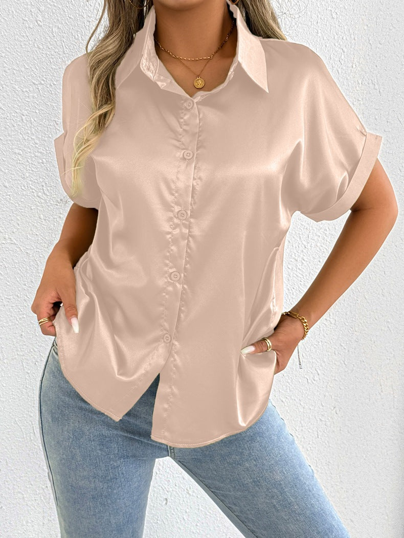 Women Clothes Summer Blue Color Satin Shirt Women Satin Shirt Bella Mia
