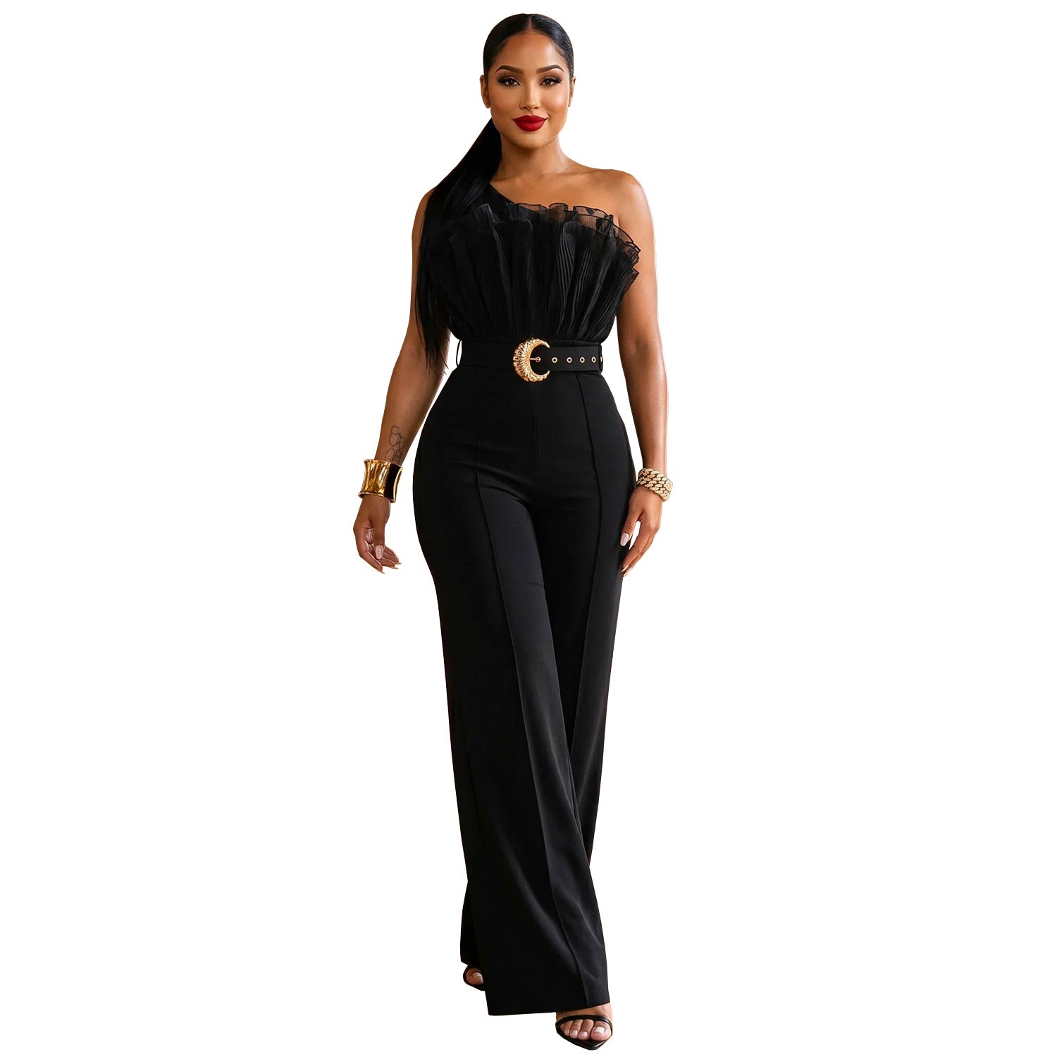Light Luxury Mesh Shoulder High Waist Wide Leg Pants Crescent Buckle Cocktail Jumpsuit