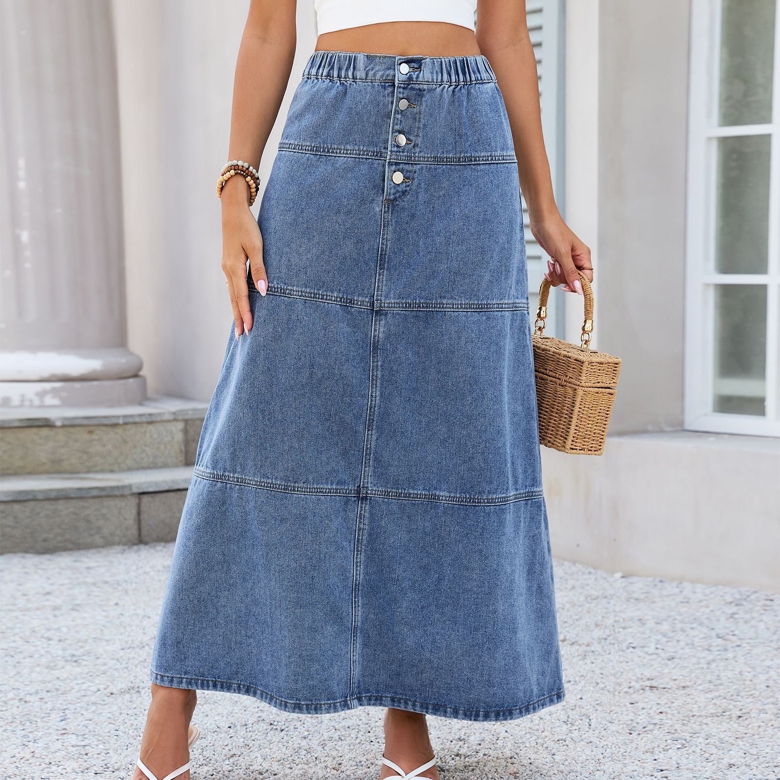 Elastic Waist Front Breasted Stitching Design All Matching Jeans Skirt Women Bella Mia