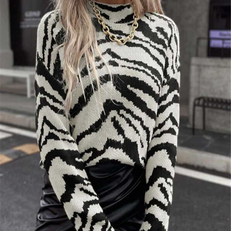 Autumn Winter Essential Loose Pullover Zebra Pattern Knitted Sweater for Women Bella Mia