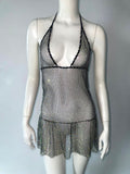 Sexy Mesh Rhinestone See through Slim Fit Sling Dress Music Festival Party Rhinestone Dress Bella Mia