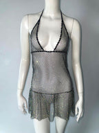 Sexy Mesh Rhinestone See through Slim Fit Sling Dress Music Festival Party Rhinestone Dress Bella Mia