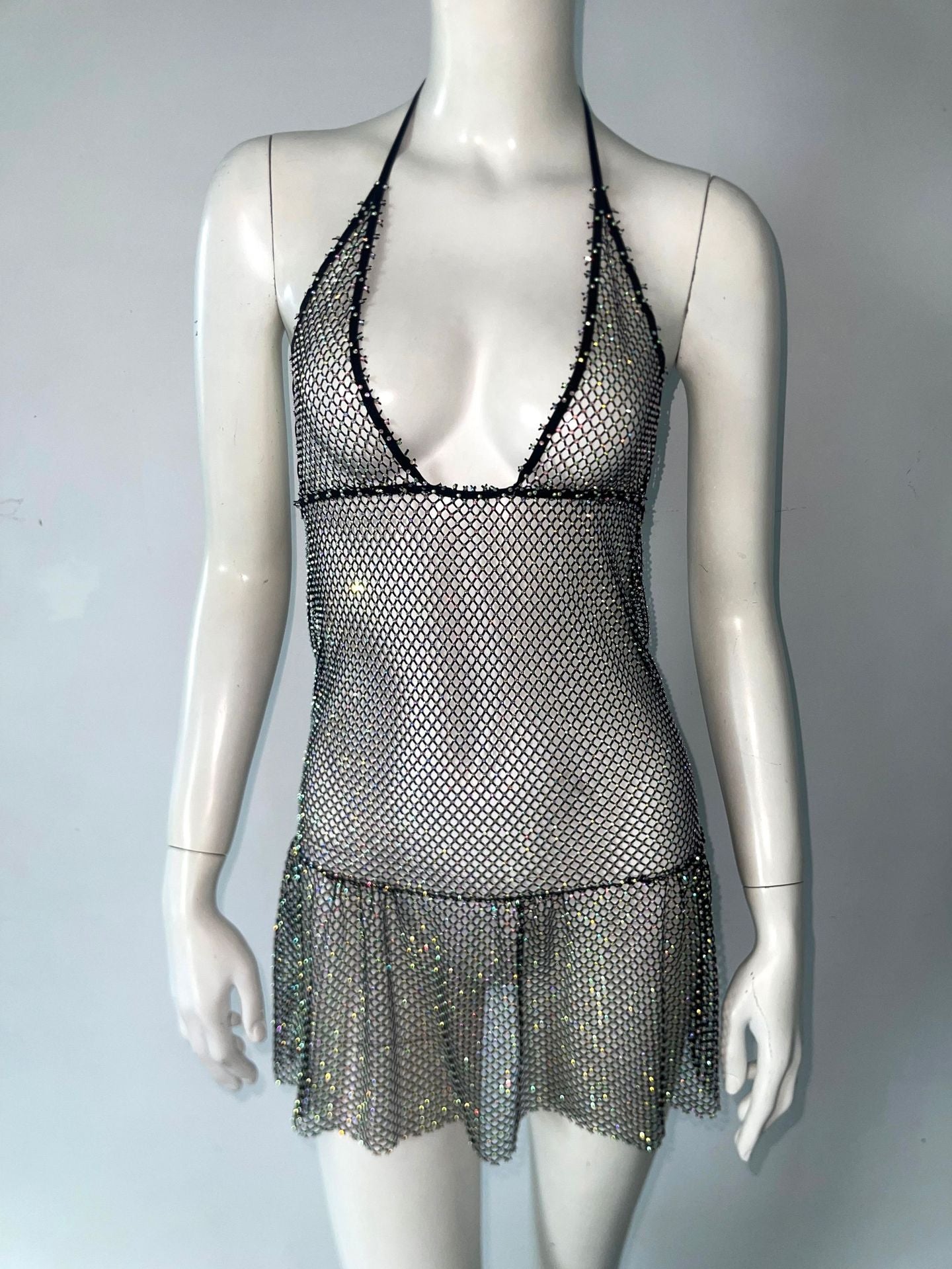 Sexy Mesh Rhinestone See through Slim Fit Sling Dress Music Festival Party Rhinestone Dress Bella Mia