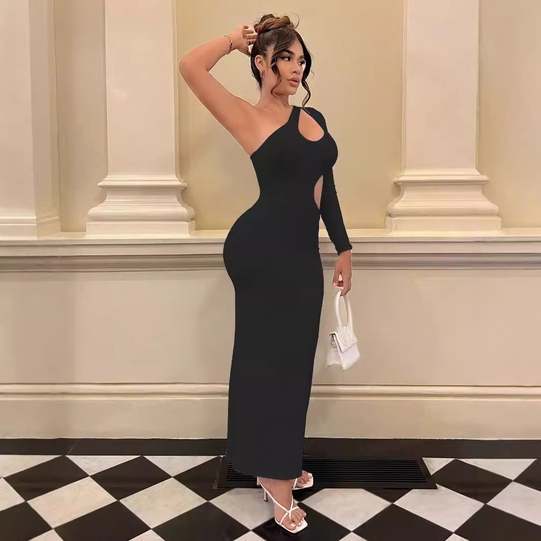 One Shoulder Diagonal Collar Long Sleeve Dress Fall Women Clothing Sexy Cutout Maxi Dress Bella Mia