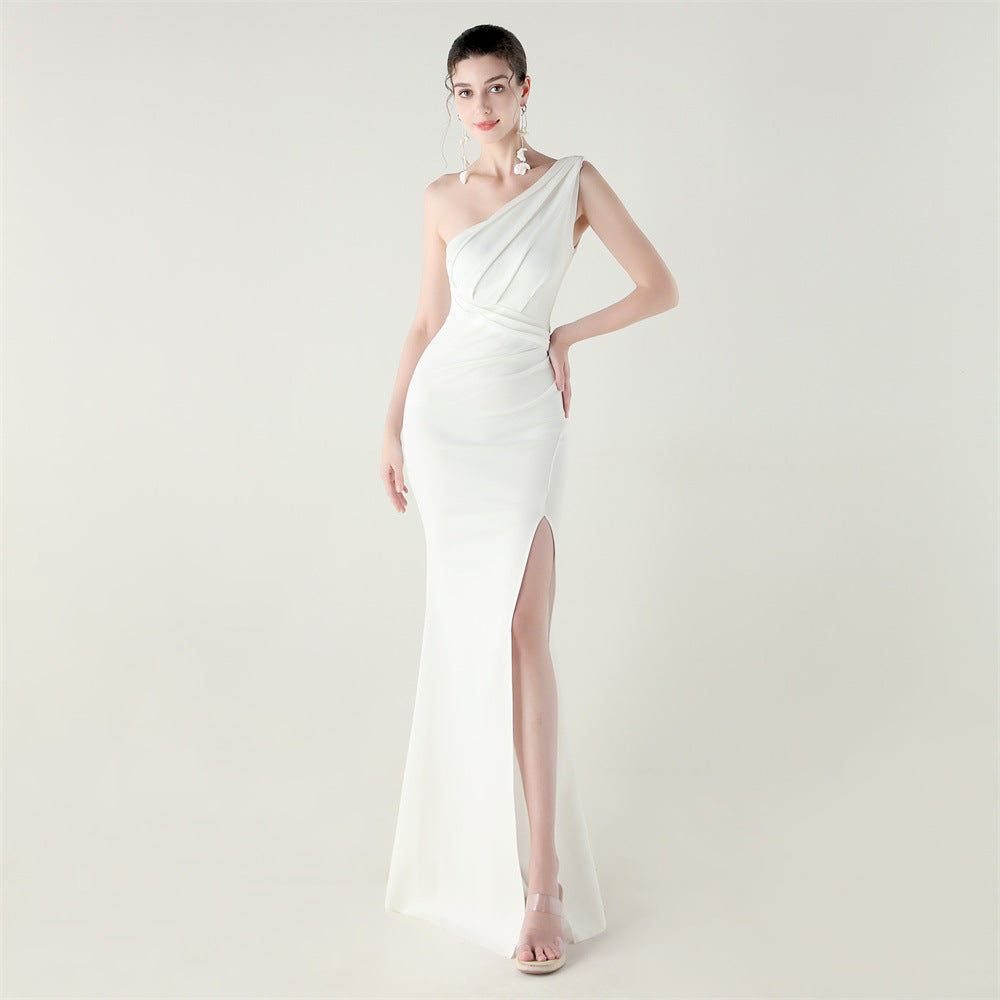One Shoulder Slim Fit Satin Folding High Slit Sexy Evening Dress Fishtail Dress Dinner Wedding Social Networking Bella Mia