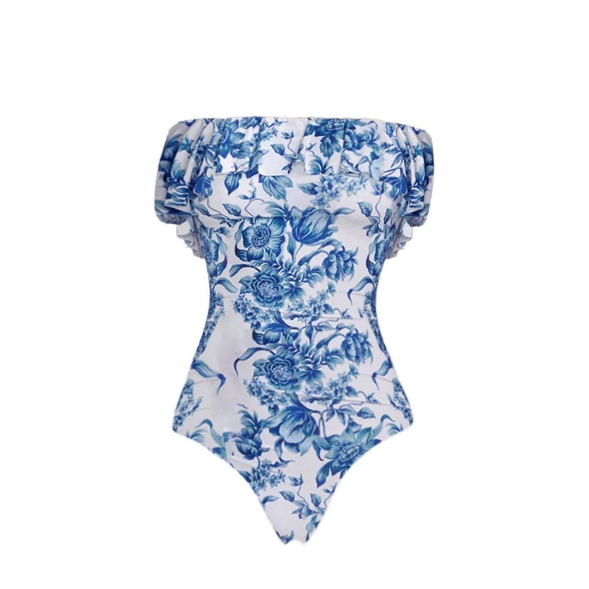 Bikini Blue Color Floral Vacation Split Swimsuit Women Bella Mia