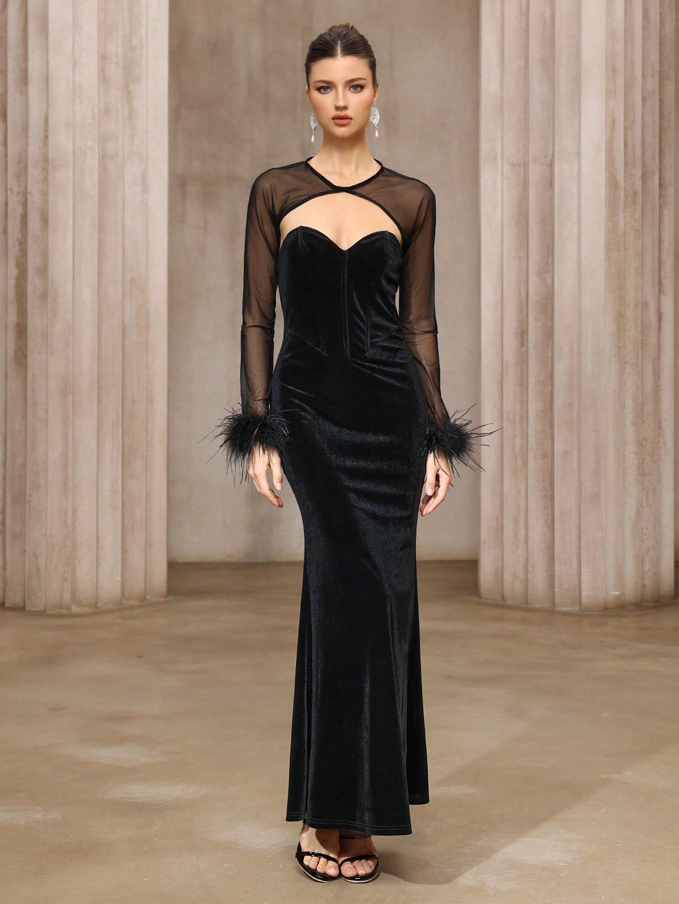 Dress Two Piece Semi Transparent Mesh Top Velvet Tube Top Dress Dinner Light Luxury Cheongsam Bella Mia