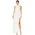 Hollowed out Halter Backless High Bifurcated Rivet Diamond Women Clothing Solid Color Dress Bella Mia