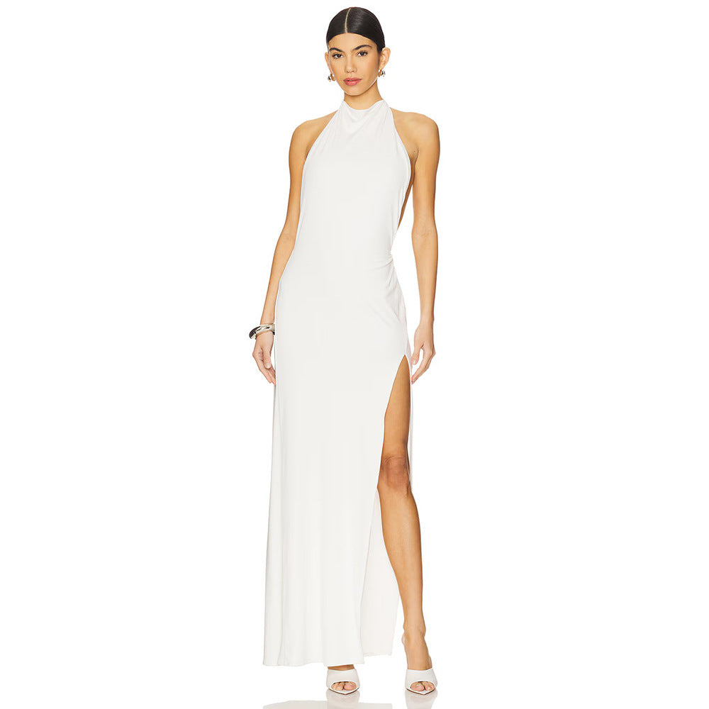 Hollowed out Halter Backless High Bifurcated Rivet Diamond Women Clothing Solid Color Dress Bella Mia