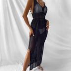 Vacation Beach Sexy Smock Dress Hollow Out Cutout Out See Through Backless Knitted Dress Women
