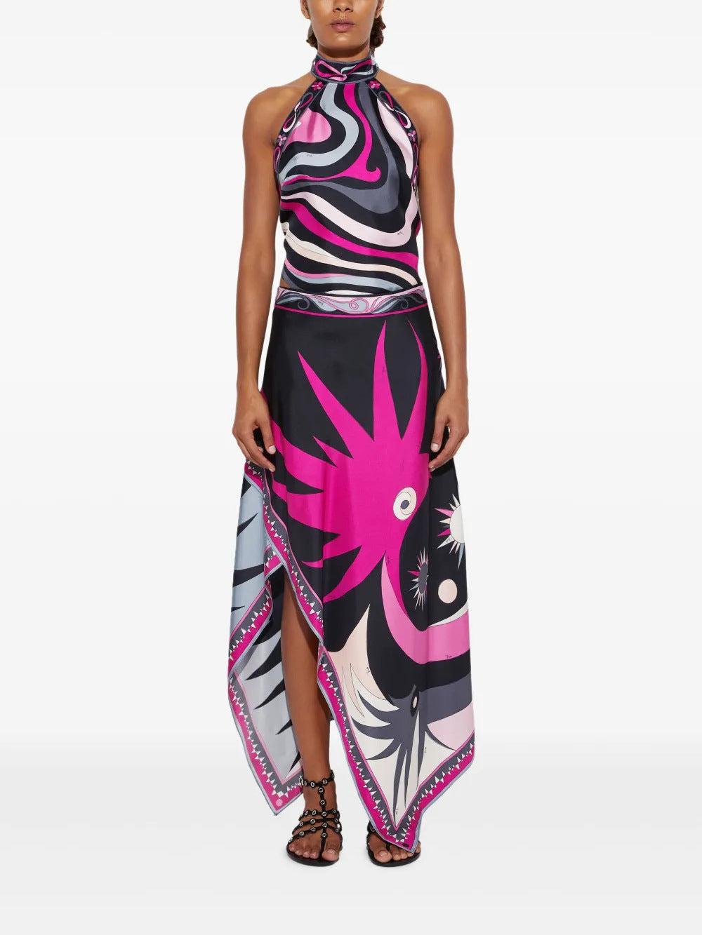 Printed Satin Halter Backless Top Irregular Asymmetric Skirt Two Piece Sets Bella Mia