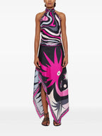 Printed Satin Halter Backless Top Irregular Asymmetric Skirt Two Piece Sets Bella Mia