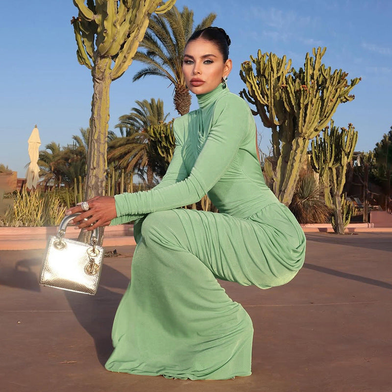 Fall Women Clothing Solid Color Turtleneck Backless Stitching Pleated Slim Fit Dress Bella Mia