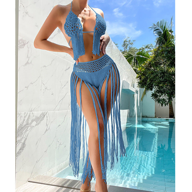 Beach Tourism Hand Crocheting Three Dimensional Floral Tassel Beach Sexy Open Back Swimsuit Bikini Set Crochet hook Bella Mia