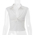 Women Clothing Summer Sexy Polo Collar Twisted Short Solid Color Cropped T shirt Top for Women Bella Mia
