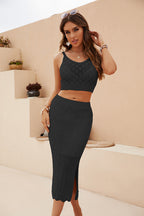 Summer Women Clothing Solid Color Rhombus Striped Two Piece Vest Split Dress Women Bella Mia