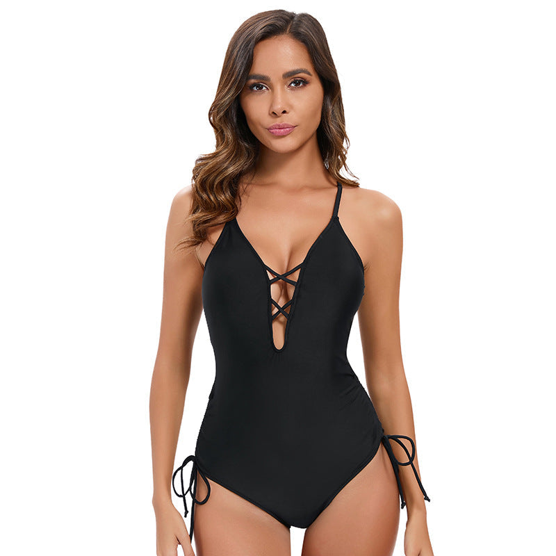 Solid Color Triangle One Piece Swimsuit Women Sexy Backless Hollow Out Cutout out Strap Swimsuit Bella Mia