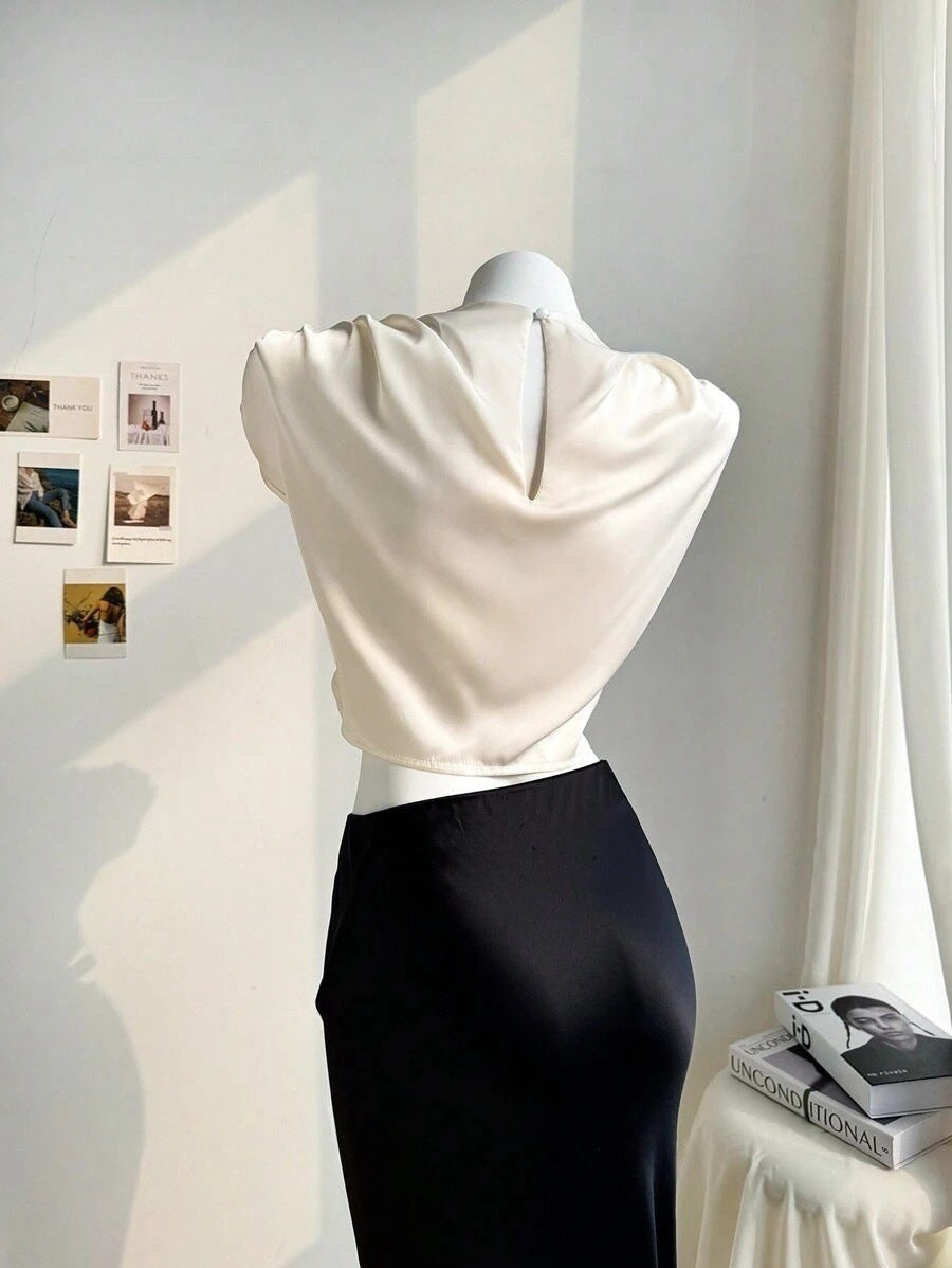 Women Clothing Pleated Batwing Sleeve Satin Shirt Stand Alone Satin Artificial Silk Short Top Bella Mia
