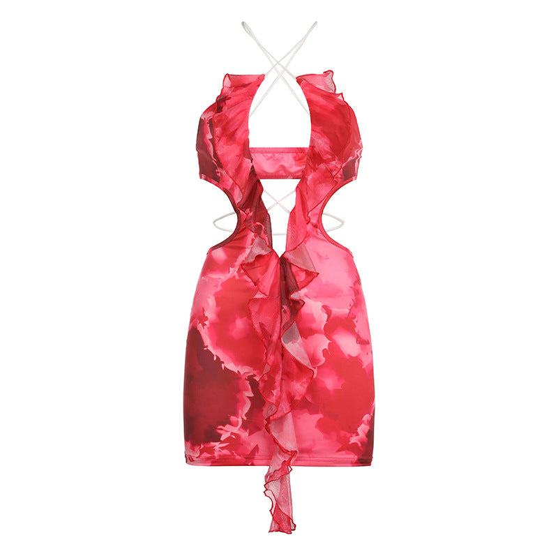 Summer Vacation Ruffled Ribbon Small Floral Print Hollow Out Cutout Sexy Halter Spaghetti Straps Dress Bella Mia