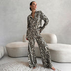 Autumn Satin Leopard Print Soft Comfortable Pajamas Long Sleeved Trousers Women Homewear Bella Mia