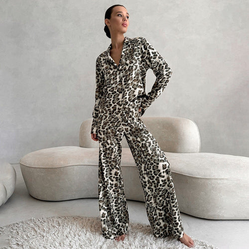 Autumn Satin Leopard Print Soft Comfortable Pajamas Long Sleeved Trousers Women Homewear Bella Mia