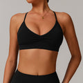 Sollinarry V neck Yoga Bra Cross Back Slimming Pleated Underwear Running Sports Workout Bra Bella Mia