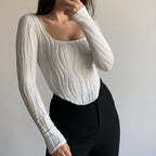 Summer French Design Pleated U Collar Simple Solid Color Slim Fit Long Sleeves Top Women Bella Mia