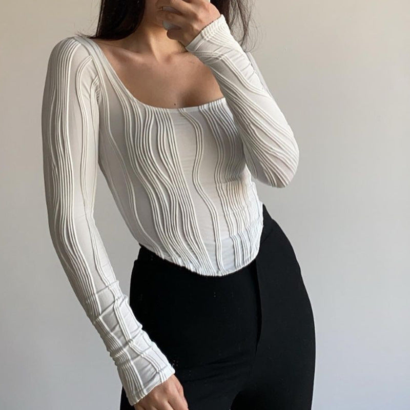 Summer French Design Pleated U Collar Simple Solid Color Slim Fit Long Sleeves Top Women Bella Mia