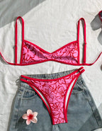 Ladies Bikini Two Piece Set Red Floral Summer Women Beach Split Swimsuit Bella Mia