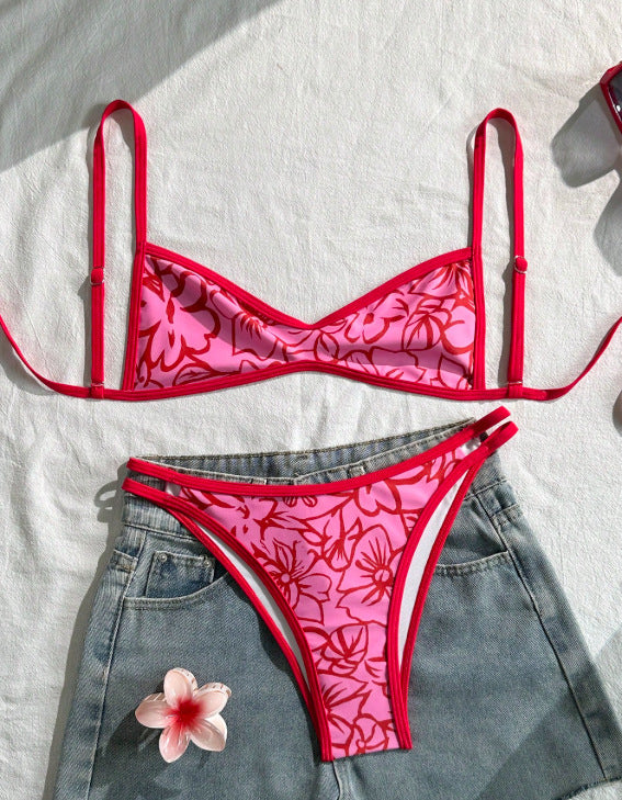 Ladies Bikini Two Piece Set Red Floral Summer Women Beach Split Swimsuit Bella Mia