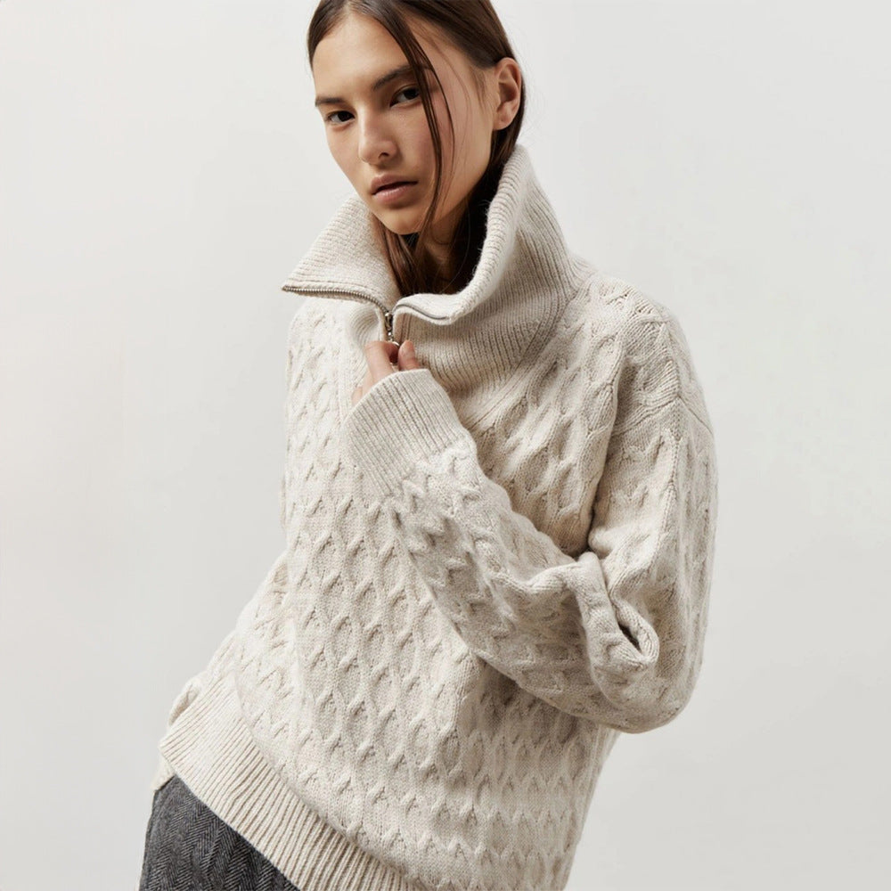 Turtleneck Half Zipper Sweater Women Autumn Winter Korean Lazy Knitwear Thick Needle Woven Sweater Bella Mia