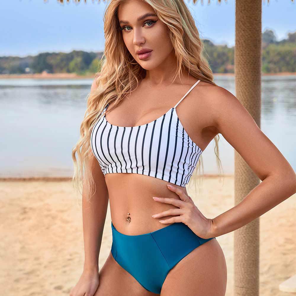 Swimwear Women High Waist Split Bikini Tight Swimsuit Striped Beach Vacation Bikini Bella Mia
