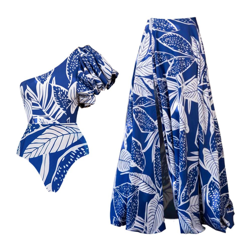 One Shoulder Bubble Sleeve Printed One Piece Swimsuit Women Bella Mia