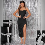 Women Clothing Satin Sling Dress Split Lace up Sexy Mid Length Dress Bella Mia