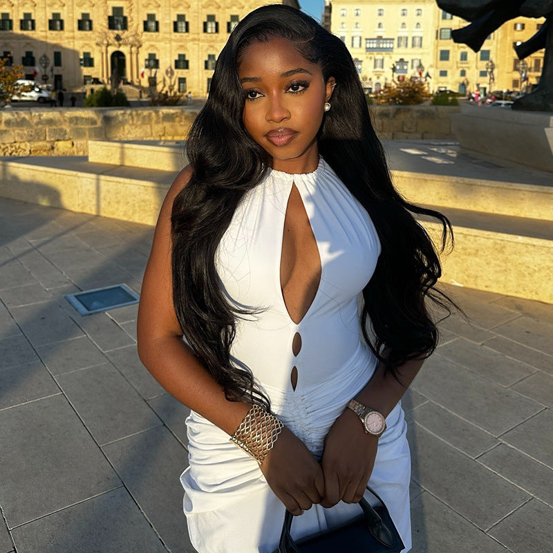 Women Clothing Pleated Sexy Cutout Hip Slim Fit Turtleneck Sleeveless Solid Color Length Dress Bella Mia