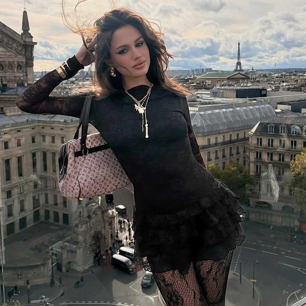 Women Dark Sexy Tight Long Sleeve See through Lace Tiered Dress round Neck Waist Trimming A line Dress Bella Mia