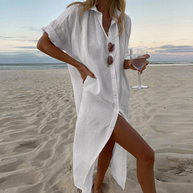 Women Clothing Solid Color Casual Long Sleeves Mid Length Cotton Linen Shirt Dress Bella Mia