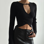 Autumn Women Clothing Sexy Sexy Hollow Out Cutout Knitted Threaded Long Sleeve Cropped Top Bella Mia