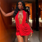 Autumn Winter Women Clothing Sexy Deep V Plunge Halter Backless Hip Solid Color Dress Bella Mia