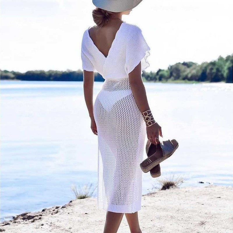 Summer Beach Dress Sexy Slit Short Sleeve Hollow Out Cutout out Strap Bikini Sun Shield Hanfu Long Robe Dress Crochet hook Crochet hook Crochet hook Bella Mia