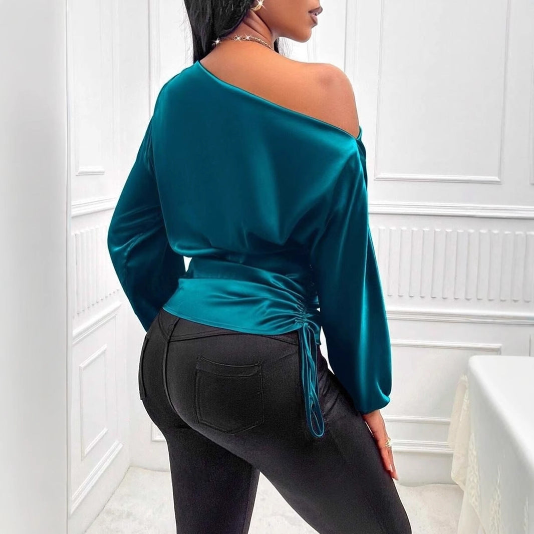 Women Clothes Satin Shirt Autumn Winter Asymmetric Long Sleeve Diagonal Collar Shirt Top Bella Mia